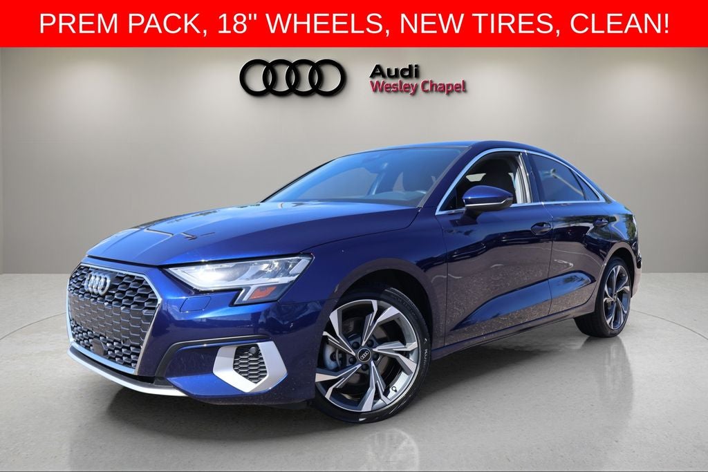 2022 Audi A3 40 Premium quattro in Navarra Blue Metallic — front three-quarter view